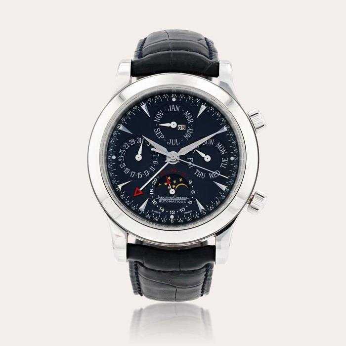 Jaeger-LeCoultre Master Grande Memovox Perpetual Calendar, limited edition, reference 146.640.956.B    Montre bracelet à quantième perpétuelle en platine avec alarme, phases de lune date et indication 24 heures |  Platinum perpetual calendar wristwatch with alarm, moon phases and 24 hours indication    Vers 2001 |  Circa 2001
