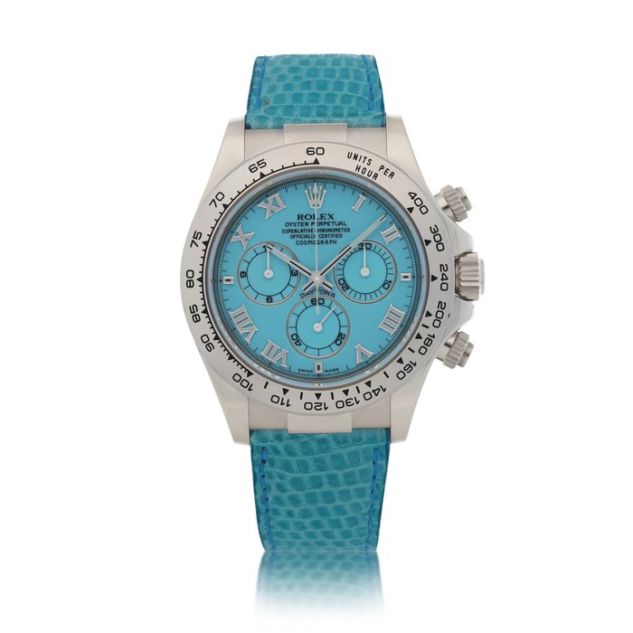 Rolex Daytona, Ref. 116519 White gold chronograph wristwatch with ‘beach’ turquoise dial Circa 2009 | 勞力士 116519型號「'Beach' Daytona」白金計時腕錶配綠松石錶盤，年份約2009