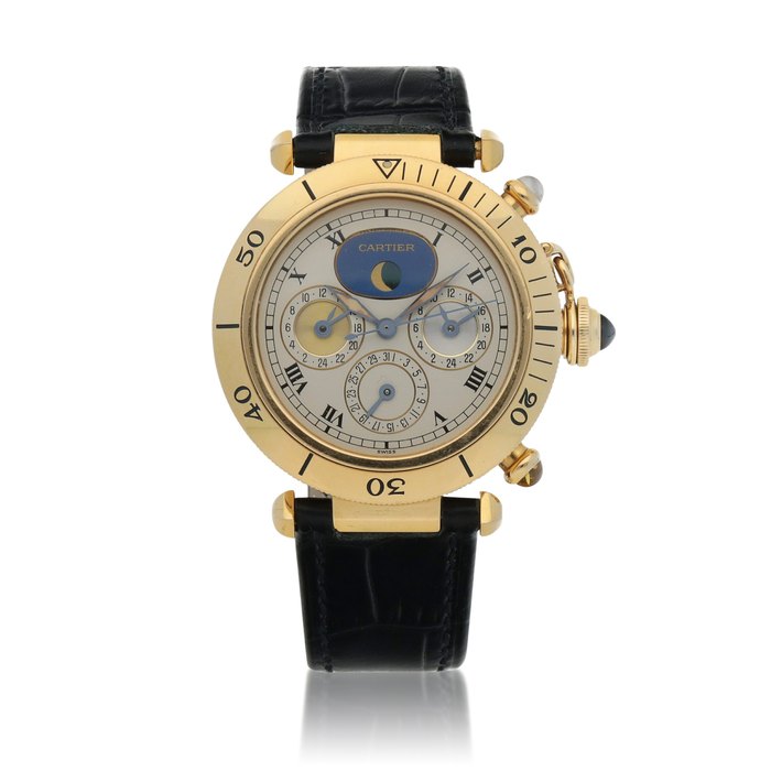Cartier Pasha, Ref. 0925-1 Yellow gold triple time zone wristwatch with date and moon phases Circa 1990 | 卡地亞  0925-1型號「Pasha」黃金三地時間腕錶備日期及月相顯示，年份約1990