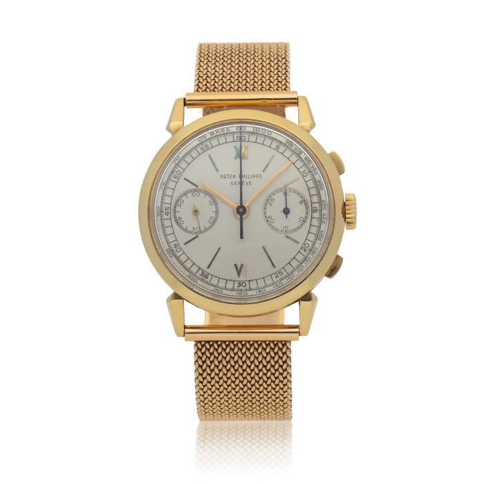 Patek Philippe 'Spider lugs', Ref. 1579 Yellow gold chronograph wristwatch with fancy lugs Circa 1950 | 百達翡麗 1579型號「Spider lugs」黃金計時腕錶配錶耳，年份約1950