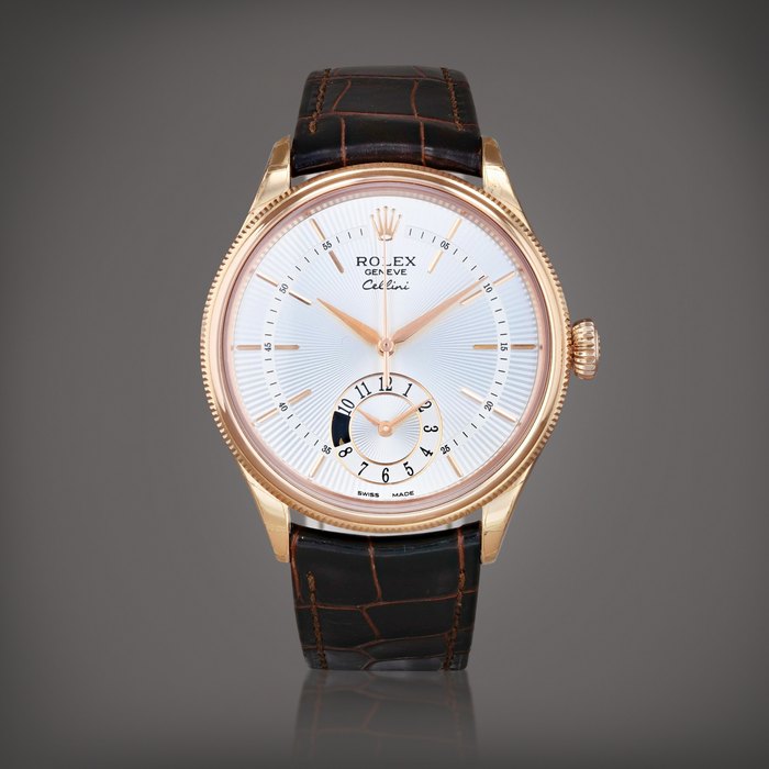 Rolex Cellini Dual Time, reference 50525     Montre bracelet à double fuseau horaire en or rose avec phases de lune | Pink gold wristwatch with dual time zone and moon phases    Vers 2014 |  Circa 2014