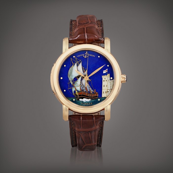 Ulysse Nardin San Marco, 'HMS Achille' limited edition, reference 132-11/ACH    Montre bracelet en or rose avec cadran en émail cloisonné |  Pink gold wristwatch with cloisonnée enamel dial    Vers 2008 |  Circa 2008