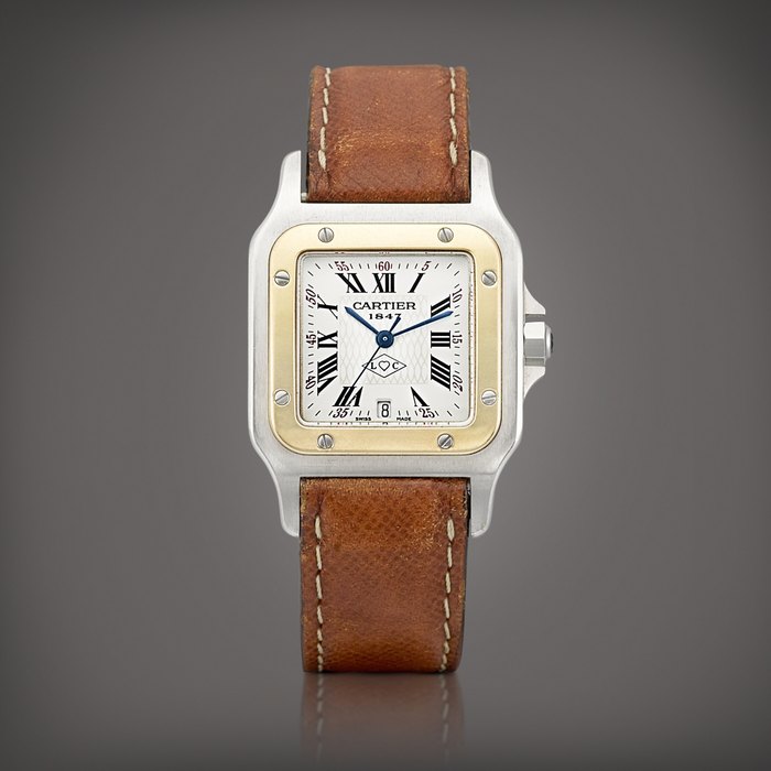 Cartier Santos Galbée, Reference 1566 | A yellow gold and stainless steel wristwatch with date, Made to commemorate the 150th anniversary of Cartier, Circa 1997 | 卡地亞 | Santos Galbée 型號1566 | 黃金及精鋼鏈帶腕錶，備日期顯示，為紀念品牌誕辰150週年而製，約1997年製