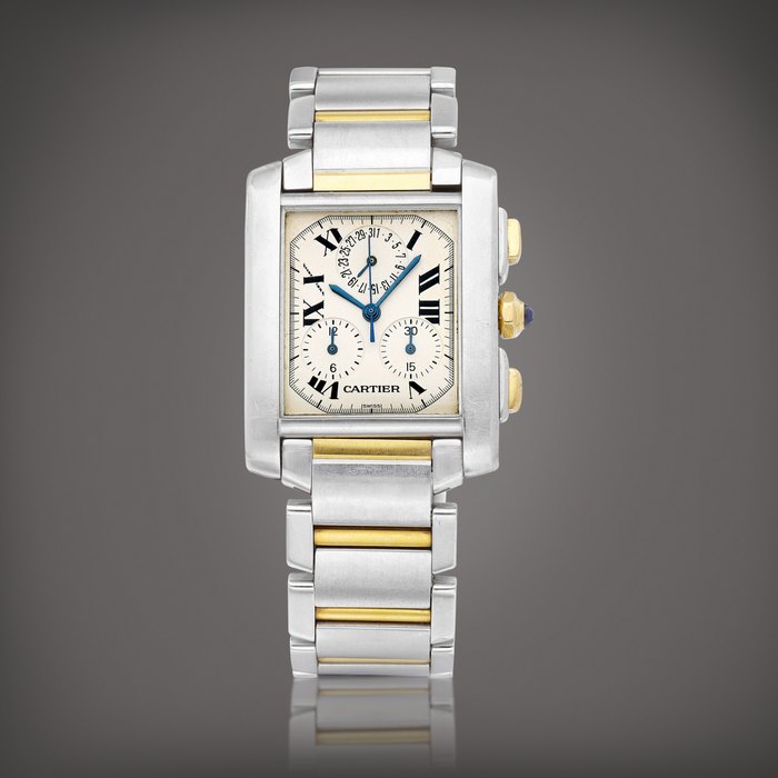 Cartier Tank Française, Reference 2303 | A yellow gold and stainless steel chronograph wristwatch with date and bracelet, Circa 2003 | 卡地亞 | Tank Française 型號2303 | 黃金及精鋼計時鏈帶腕錶，備日期顯示，約2003年製