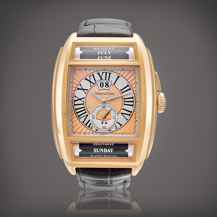 Maîtres du Temps Chapter Two, Reference C2T.55.21.151 | A pink gold triple calendar wristwatch with day and digital date display, Made in collaboration with Daniel Roth, Roger Dubuis and Peter Speake-Marin, Circa 2011 | Chapter Two 型號C2T.55.21.151 | 粉紅金全日曆腕錶，備星期及數位日期顯示，與 Daniel Roth、Roger Dubuis 及 Peter Speake-Marin合製，約2011年製