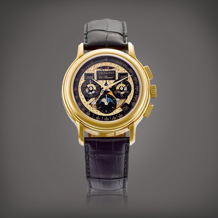 Zenith Chronomaster T Baroque, Reference 30.0240.410 | A yellow gold semi-skeletonised triple calendar chronograph wristwatch with day, date and moon phases, Circa 2004 | 真力時 | Chronomaster T Baroque 型號30.0240.410 | 黃金半鏤空全日曆計時腕錶，備日期、星期及月相顯示，約2004年製