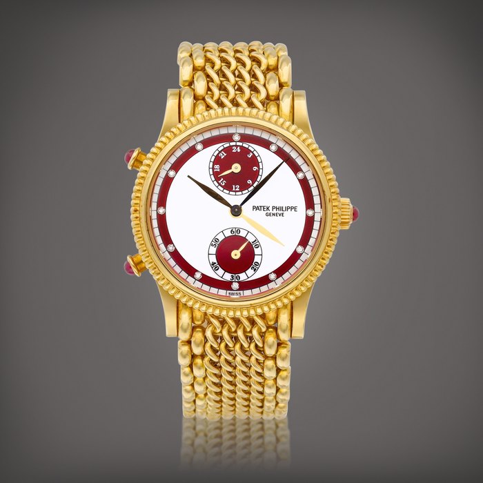 Patek Philippe Travel Time, Reference 4864 | A yellow gold and diamond-set dual time zone wristwatch with 24 hours indication and bracelet, Circa 2001 | 百達翡麗 | Travel Time 型號4864 | 黃金鑲鑽石兩地時間鏈帶腕錶，備24小時顯示，約2001年製