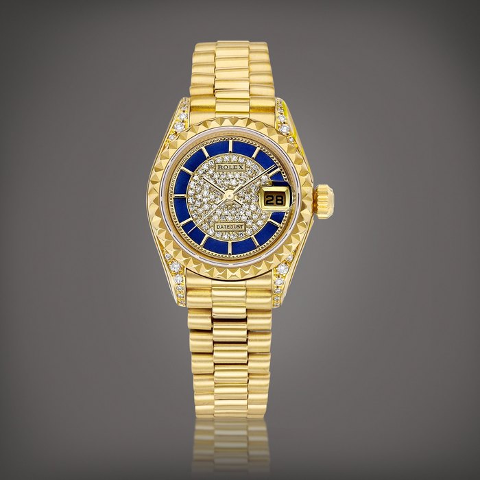 Rolex DateJust, Reference 69188 | A yellow gold and diamond-set wristwatch with date, bracelet and lapis lazuli dial, Circa 1988 | 勞力士 | DateJust 型號69188 | 黃金鑲鑽石鏈帶腕錶，備日期顯示及青金石錶盤，約1988年製