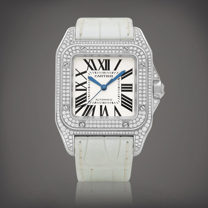 Cartier Santos 100, Reference 2881 | A white gold and diamond-set wristwatch, Circa 2006 | 卡地亞 | Santos 100 型號2881 | 白金鑲鑽石腕錶，約2006年製