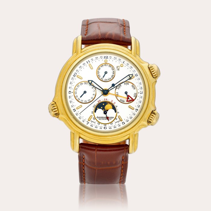 Jaeger-LeCoultre Calendrier Perpetuel Grand Reveil, Reference 180.1.99 | A yellow gold perpetual calendar wristwatch with alarm, moon phases, 24 hour and year indication, Circa 1990 | 積家 | Calendrier Perpetuel Grand Reveil 型號180.1.99 | 黃金萬年曆腕錶，備鬧鐘裝置、月相、24小時及年份顯示，約1990年製
