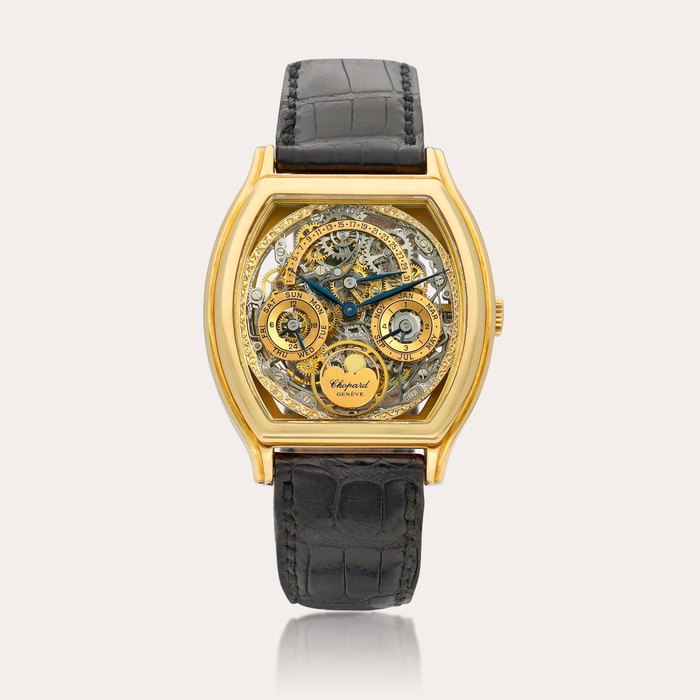 Chopard Reference 36/2249/6 | A yellow gold skeletonised perpetual calendar wristwatch with retrograde date, moon phases and leap year indication | Circa 1995 | 蕭邦 | 型號36/2249/6 | 黃金鏤空萬年曆腕錶，備逆跳日期、月相及閏年顯示，約1995年製