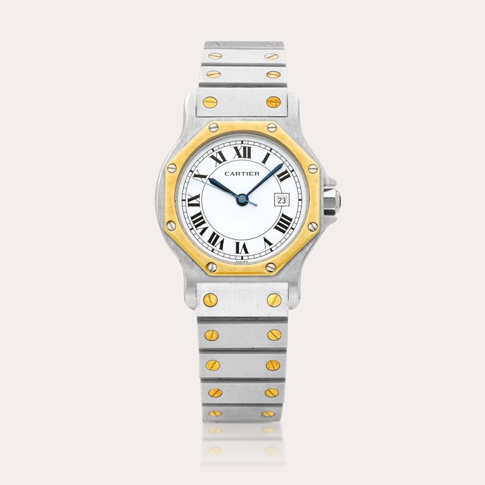 Cartier and European Watch & Clock Co. Santos Octagon | A yellow gold and stainless steel bracelet watch with date, Circa 1990 | 黃金及精鋼鏈帶腕錶，備日期顯示，約1990年製