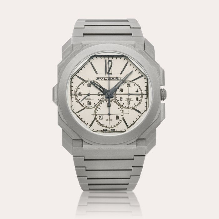 Bulgari Octo Finissimo Chronograph GMT 'Design Edition', Reference 103673 | A limited edition titanium dual time chronograph wristwatch with bracelet, Circa 2022 | 寶格麗 | Octo Finissimo Chronograph GMT 'Design Edition' 型號103673 | 限量版鈦金屬兩地時間計時鏈帶腕錶，約2022年製