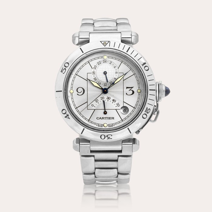 Cartier and European Watch & Clock Co. Pasha, Reference 2388 | A stainless steel dual time wristwatch with date, power reserve indication and bracelet, Circa 1995 | 卡地亞 | Pasha 型號2388 | 精鋼兩地時間鏈帶腕錶，備日期及動力儲備顯示，約1995年製