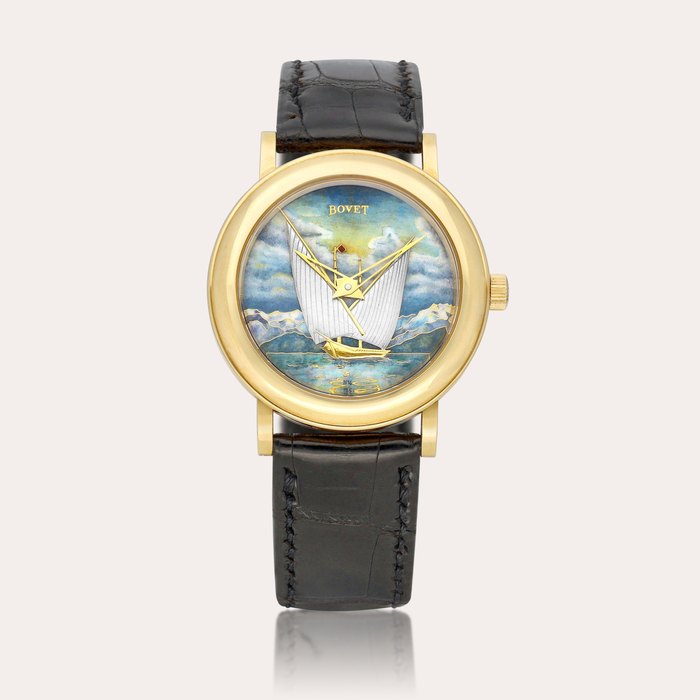 Bovet La Barque du Leman | A yellow gold wristwatch with cloisonné enamel  dial, circa 2010 | 播威 | La Barque du Leman | 黃金腕錶，備掐絲琺瑯錶盤，約2010年製