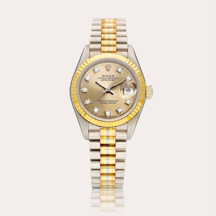 Rolex Tridor DateJust, Reference 69179B | A three-colour gold and diamond-set wristwatch with date and bracelet, Circa 1986 | 勞力士 | Tridor DateJust 型號69179B | 三色金鑲鑽石鏈帶腕錶，備日期顯示，約1986年製