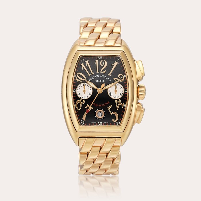 Franck Muller Conquistador, Reference 8001CC | A yellow gold chronograph wristwatch with date and bracelet, Circa 2000 | Conquistador 型號8001CC | 黃金計時鏈帶腕錶，備日期顯示，約2000年製
