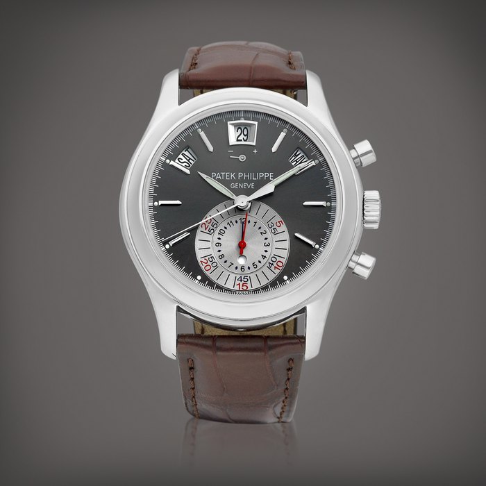 Patek Philippe Reference 5960 | A platinum annual calendar flyback chronograph wristwatch with power reserve and day and night indication, Circa 2009 | 百達翡麗 | 型號5960  | 鉑金年曆飛返計時腕錶，備動力儲備及晝夜顯示，約2009年製