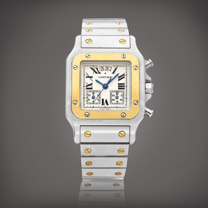 Cartier Santos, Reference 2425 | A yellow gold and stainless steel chronograph wristwatch with date and bracelet, Circa 1998 | 卡地亞 | Santos 型號2425 | 黃金及精鋼計時鏈帶腕錶，備日期顯示，約1998年製