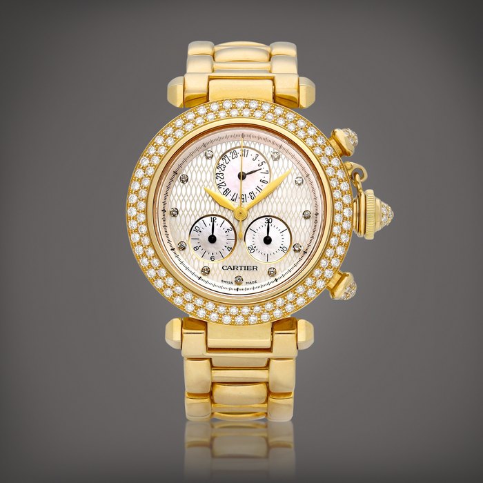 Cartier Pasha, Reference 1534 | A yellow gold and diamond-set wristwatch with bracelet and mother-of-pearl dial, Circa 2005 | 卡地亞 | Pasha 型號1534 | 黃金鑲鑽石計時鏈帶腕錶，備珠母貝錶盤，約2005年製