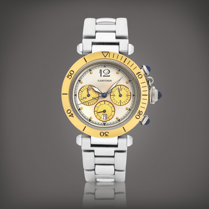 Cartier Pasha, Reference 1032 | A yellow gold and stainless steel chronograph bracelet watch with date, Circa 2000 | 卡地亞 | Pasha 型號1032 | 黃金及精鋼計時鏈帶腕錶，備日期顯示，約2000年製