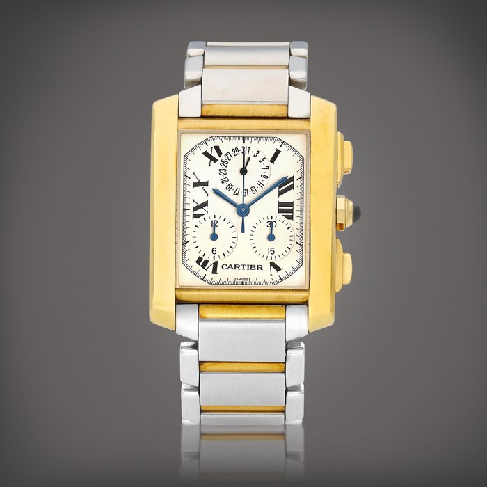 Cartier Tank Française, Reference 1830 | A yellow gold and stainless steel chronograph wristwatch with date and bracelet, Circa 2005 | 卡地亞 | Tank Française 型號1830 | 黃金及精鋼計時鏈帶腕錶，備日期顯示，約2005年製