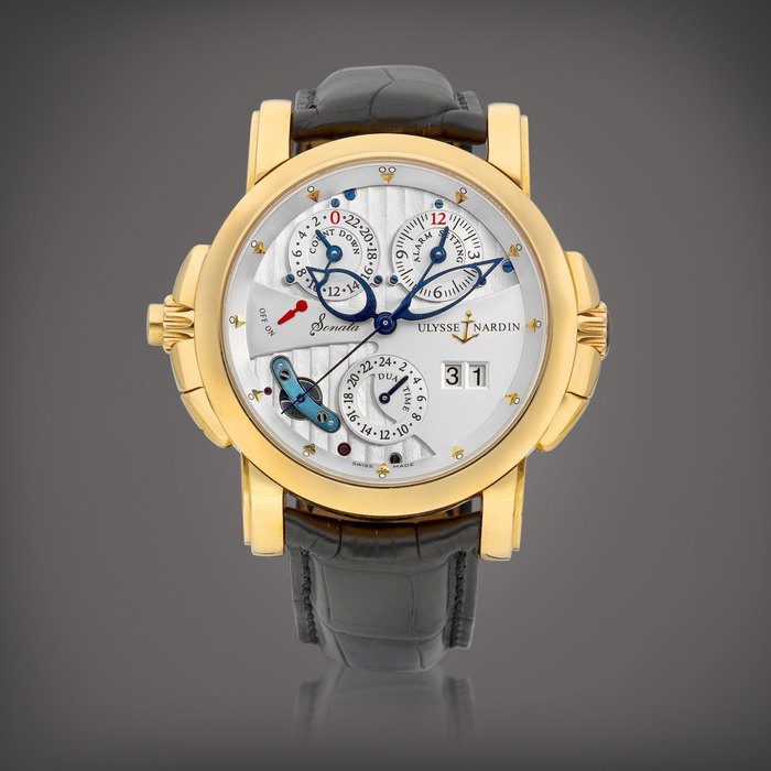 Ulysse Nardin Reference 666-88 Sonata | A yellow gold dual time zone wristwatch with date, and alarm with count down and on/off indications, Circa 2005 | 雅典 | 型號666-88 Sonata | 黃金兩地時間腕錶，備日期、鬧鐘倒數及開關顯示，約2005年製