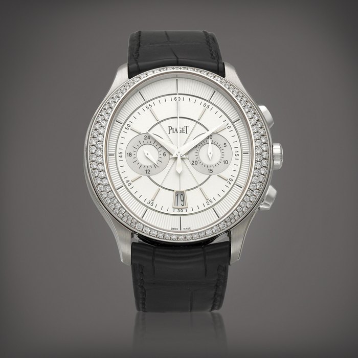 Piaget Gouverneur | A white gold and diamond-set flyback chronograph wristwatch with date, Circa 2012 | 伯爵 | Gouverneur | 白金鑲鑽石飛返計時腕錶，備日期，約2012年製, Price & Market Data