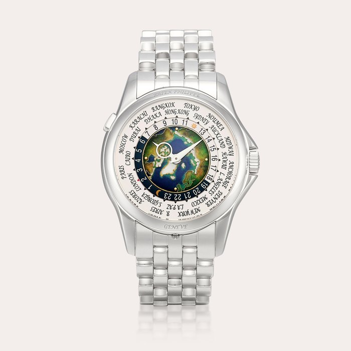 Patek Philippe World Time, Reference 5131 | A platinum world time wristwatch with cloisonné enamel dial and bracelet, Circa 2017