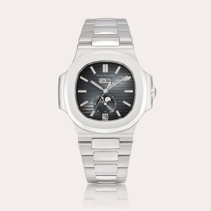 Patek Philippe Nautilus, Reference 5726 | A stainless steel annual calendar bracelet watch with moon phases and 24 hours indication, Circa 2020