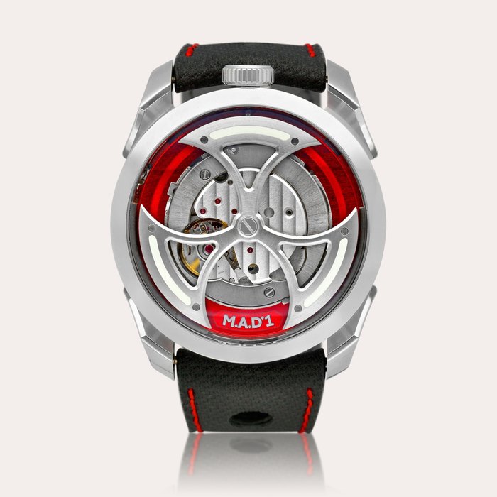 M.A.D.Editions M.A.D.1 RED | A stainless steel semi-skeletonised wristwatch with lateral time display and triple-blade winding rotor, Made in collaboration with MB&F, Circa 2022