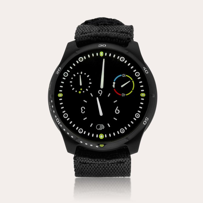 Ressence Type 5 Black Black | A DLC-coated titanium wristwatch with rotating dial and oil temperature indication, Circa 2022