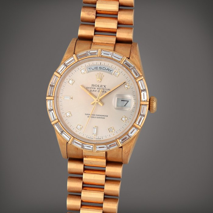 Rolex Day-Date 'Khanjar', Reference 18368 | A yellow gold and diamond-set wristwatch with day, date and bracelet | Circa 1988