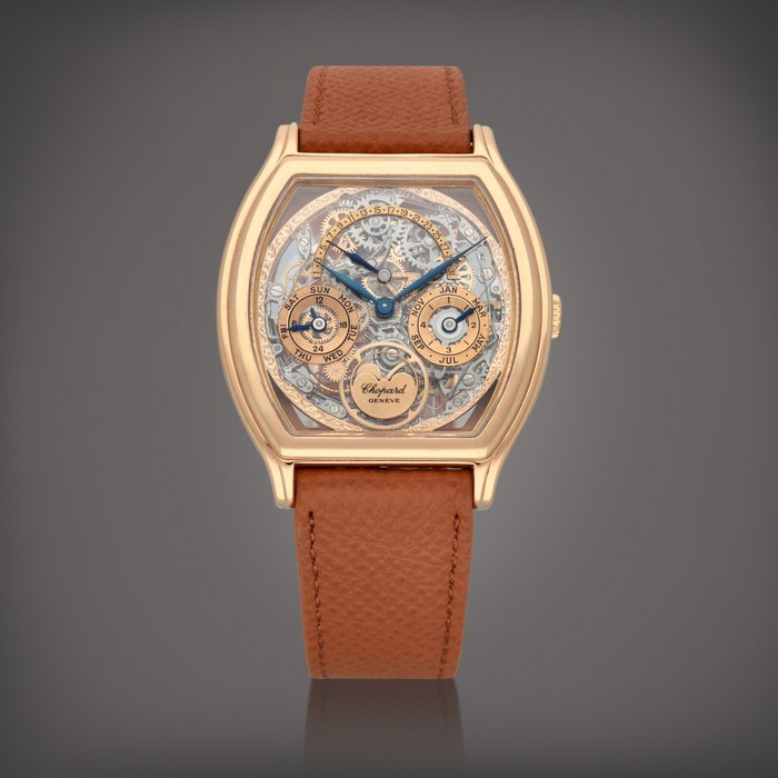 Chopard Reference 36/2249/6 | A pink gold skeletonized perpetual calendar wristwatch with moon phases, retrograde date and leap-year indication | Circa 1995