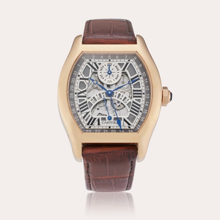 Cartier Reference W1580003 Tortue XL | A pink gold semi-skeletonized tonneau-shaped perpetual calendar wristwatch with leap year and retrograde day indication, Circa 2011