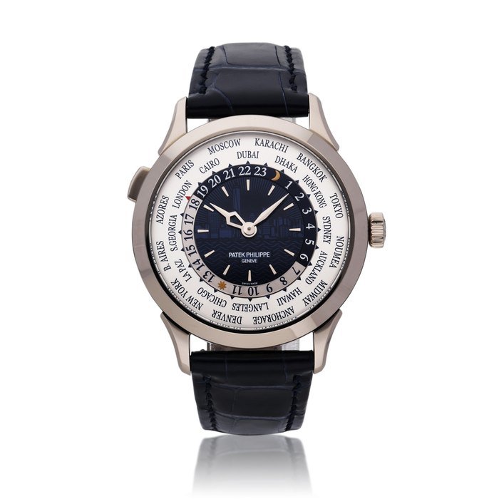 Patek Philippe Reference 5230G-010 World Time 'New York Edition' | A limited edition white gold world time wristwatch with blue cloisonné enamel dial depicting the New York skyline, Circa 2017 · 5230G-010