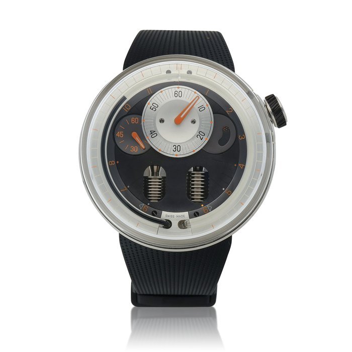 HYT H0, Ref. 048-TT-92-NF-RU  Stainless steel semi-skeletonized wristwatch with fluid retrograde hours and power reserve indication  Circa 2020 · 048-TT-92-NF-RU