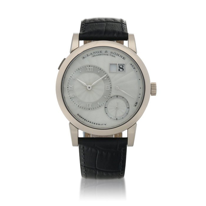 A. Lange & Söhne 'Soirée' Lange 1, Ref. 110.030  White gold wristwatch with digital date display, power reserve indication and mother-of-pearl dial  Circa 2002 · 110.030