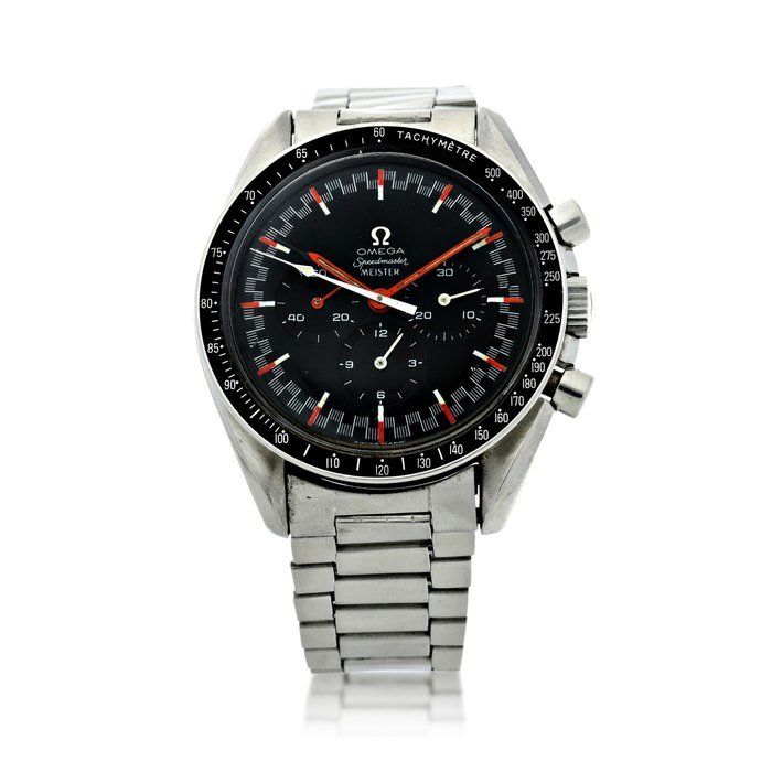 Omega REFERENCE 145012 SPEEDMASTER 'RED RACING DIAL'  RETAILED BY MEISTER: A STAINLESS STEEL CHRONOGRAPH WRISTWATCH WITH BRACELET, CIRCA 1967