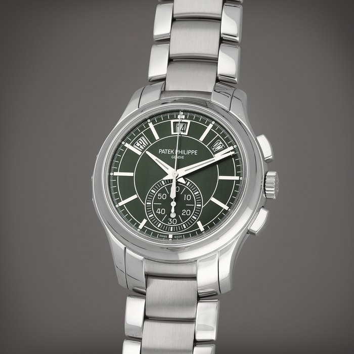 Patek Philippe Reference 5905/1A-001 | A stainless steel annual calendar flyback chronograph wristwatch with day/night indication and bracelet | Circa 2022