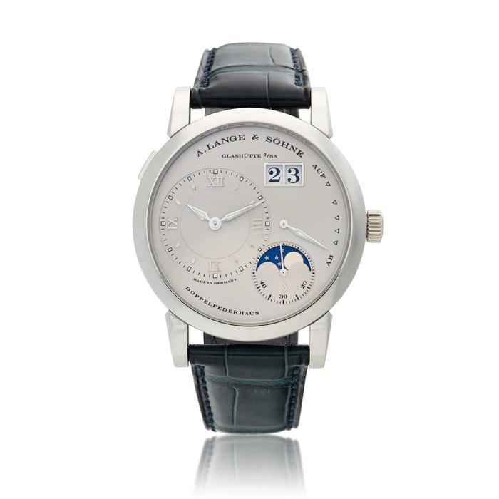 A. Lange & Söhne Reference 109.025 Lange 1 Moonphase, A platinum wristwatch with date, power reserve and moon phases, Circa 2003 · 109.025