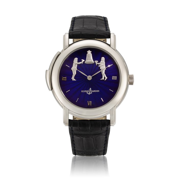 Ulysse Nardin 'San Marco' Répétition Minutes Jacquemart Forgerons, Ref. 709-20 | A platinum minute repeating wristwatch with automaton jaquemarts and enamel dial | Circa 1990