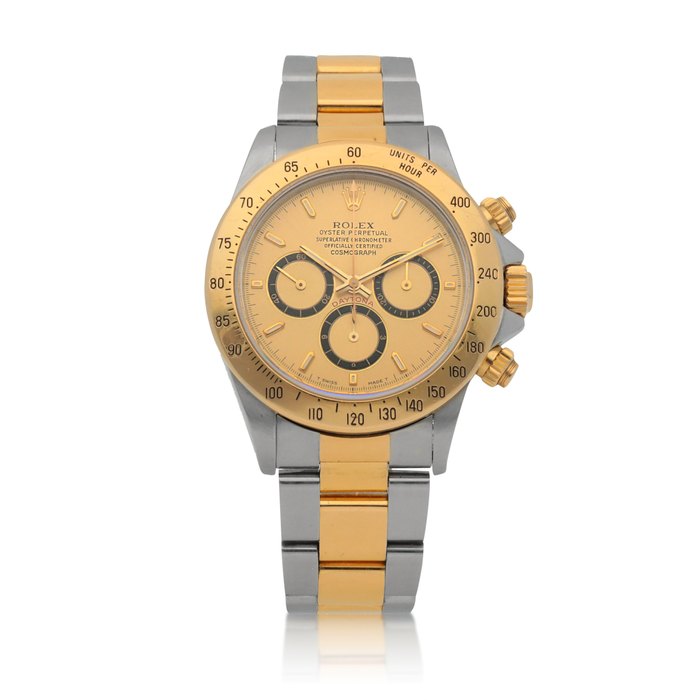 Rolex 'ZENITH' DAYTONA, REF 16523 STAINLESS STEEL AND YELLOW GOLD CHRONOGRAPH WRISTWATCH WITH BRACELET AND 'INVERTED 6' DIAL CIRCA 1991 · 16523