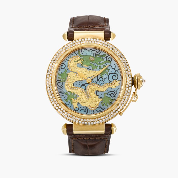 Cartier Pasha, Reference 2832J | A yellow gold and diamond-set wristwatch with dial adorned with dragon motif rendered in jade, yellow gold and diamonds, against a mother-of-pearl backdrop | Circa 2000 · 2832J