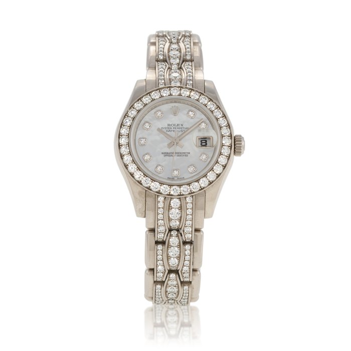 Rolex Pearlmaster, Ref. 80299  White gold and diamond-set wristwatch with date, bracelet and mother-of-pearl dial  Circa 2009