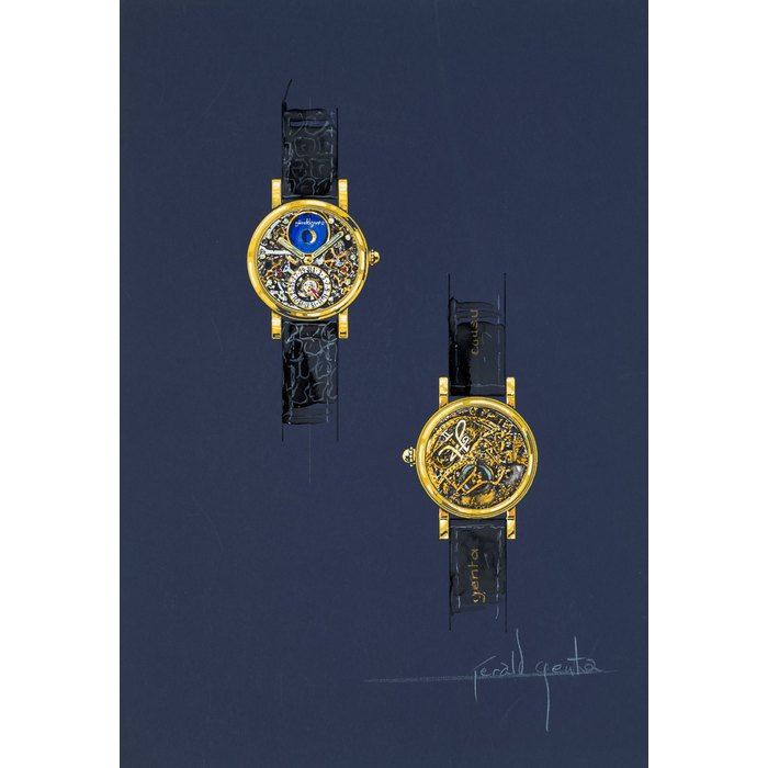 Gérald Genta An original prototype design of a unique perpetual calendar skeletonised wristwatch, painted by Gérald Genta, with accompanying NFT, Circa 1982 | 傑洛・尊達 一幅獨一無二萬年曆鏤空腕錶原型設計圖，由傑洛・尊達繪製並附帶 NFT 証書，約1982年製