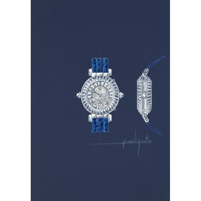 Gérald Genta An original prototype design of a gem-set grand complication wristwatch, painted by Gérald Genta, with accompanying NFT, Circa 1994 | 傑洛・尊達 一幅鑲寶石 Grand Complication 腕錶原型設計圖，由傑洛・尊達繪製並附帶 NFT 証書，約1994年製