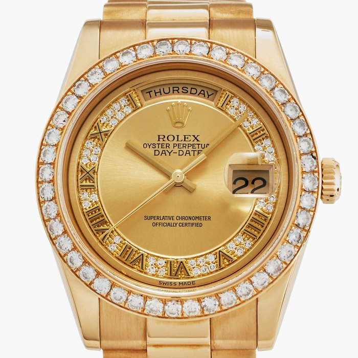 Rolex Reference 118208 Day-Date | A yellow gold and diamond-set automatic wristwatch with day, date, bracelet and diamond-set dial, Circa 2000