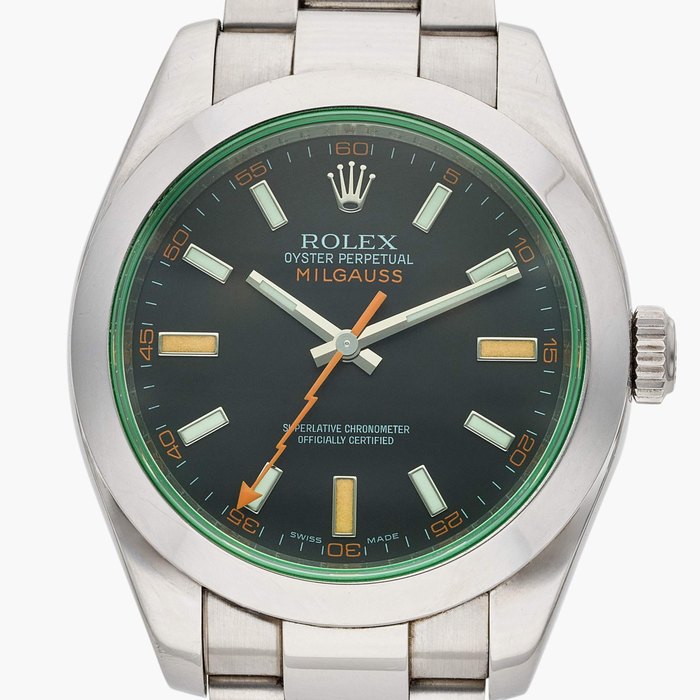 Rolex Reference 116400 Milgauss | A stainless steel automatic antimagnetic wristwatch with green sapphire crystal and bracelet, Circa 2008