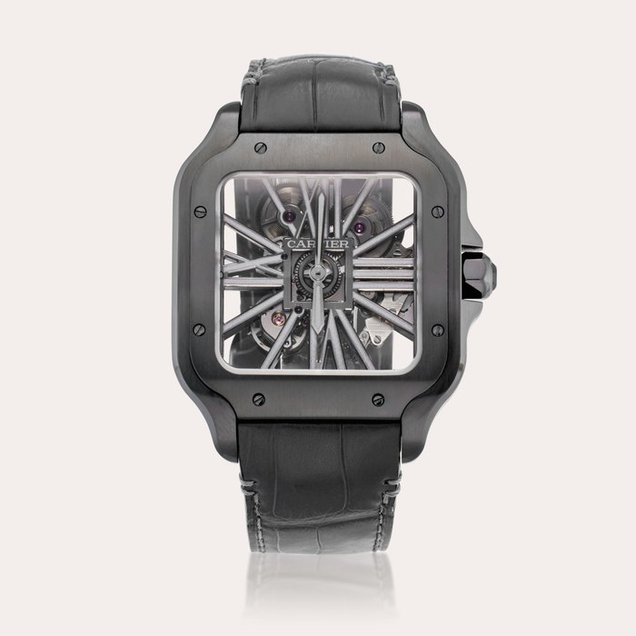 Cartier Reference WHSA0009 Santos de Cartier | A PVD-coated stainless steel square shaped skeletonized wristwatch, Circa 2020